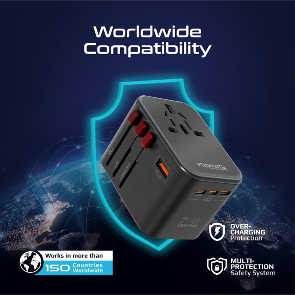⁦بروميت TripMate-GaN75 شاحن سفر عالمي بتقنية GaNFast™، قدرة 75 واط، 3 منافذ USB-C، منفذي QC 3.0 بقوة 30 واط، ومقابس مدمجة بتصميم أنيق وعصري⁩ - الصورة ⁦6⁩