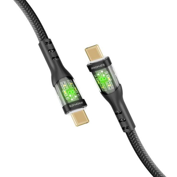 ⁦بروميت TransLine-CC200 كابل USB-C إلى USB-C بطول 2 متر، شحن سريع 60 واط، رأس شفاف مطلي بالذهب مع إضاءة LED، ومقاوم للانحناء حتى 25000 مرة⁩ - الصورة ⁦2⁩