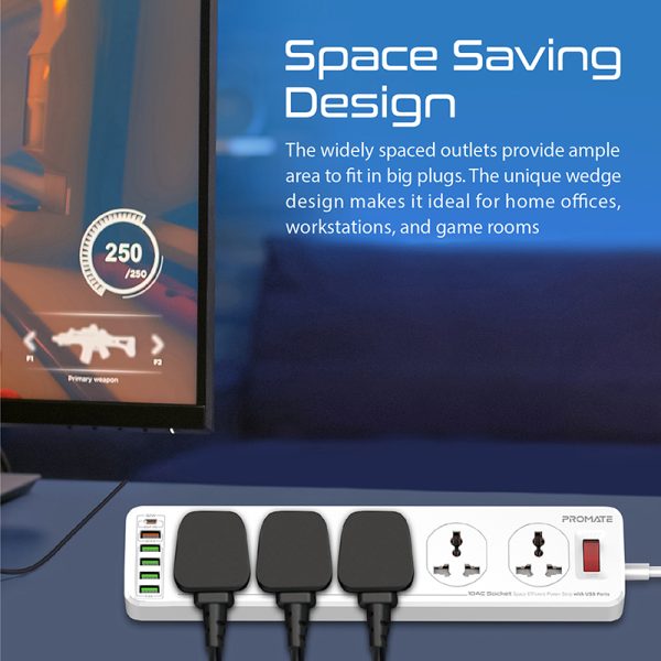 ⁦بروميت PowerMatrix-5M موزع طاقة 16 في 1 بـ10 مقابس AC، 4 منافذ USB ذكية، أغطية أمان منزلقة، وكابل بطول 5 أمتار لحماية شاملة وتوزيع طاقة آمن⁩ - الصورة ⁦6⁩