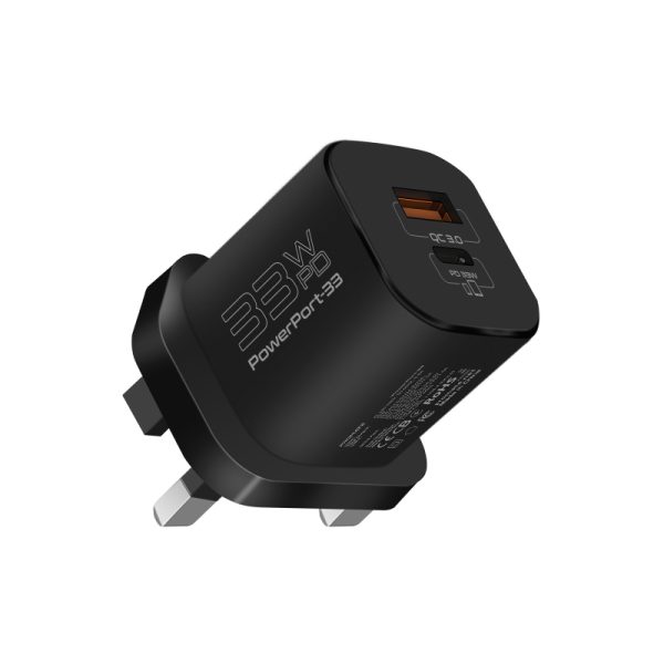 ⁦بروميت PowerPort-33 شاحن جداري مدمج بتقنية GaNFast، بقدرة 33 واط، مزود بمنفذي USB-C وUSB-A لشحن سريع وفعال للأجهزة المتعددة⁩ - الصورة ⁦2⁩