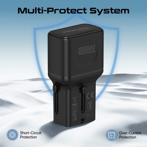 ⁦بروميت TriPlug-PD35 محول سفر عالمي متعدد المنافذ (US/UK/EU/AU)، بمنفذ USB-C 35 واط وQC 18 واط، تصميم مدمج، ومزود بحماية من الجهد والحرارة الزائدة، مثالي للسفر الدولي⁩ - الصورة ⁦6⁩