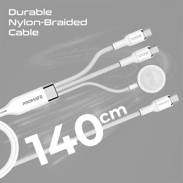⁦بروميت Fusion-CCW كابل USB-C فائق السرعة بقوة 100 واط، بمنفذي USB-C وشاحن ساعة أبل، سرعة نقل 480Mbps، تصميم مضفر متين بطول 140 سم – أداء وقوة في كابل واحد⁩ - الصورة ⁦9⁩