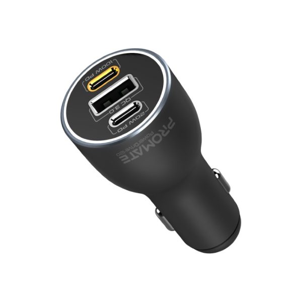 بروميت PowerDrive-120 شاحن سيارة 120 واط بمنفذي USB-C (100 و20 واط) ومنفذ USB QC 3.0 بقدرة 18 واط، مع حماية من الشحن الزائد
