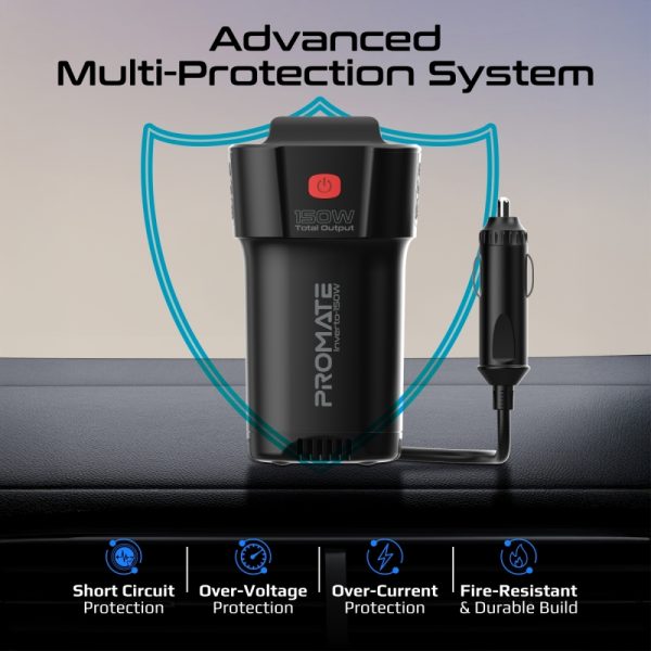 ⁦بروميت Inverto-150W محول طاقة سيارة 4 في 1 بقدرة 150 واط، بمنفذي USB-C (30 واط)، USB-A (18 واط)، مؤشرات LED، زر تشغيل/إيقاف، وحماية شاملة للشحن⁩ - الصورة ⁦6⁩