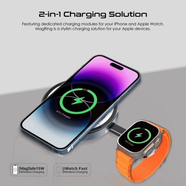 ⁦بروميت MagRing محطة شحن 2 في 1 MagSafe، بقدرة 15 واط للهاتف و3 واط لساعة أبل، تصميم شفاف قابل للطي بزاوية 180° لشحن أنيق ومريح في أي مكان⁩ - الصورة ⁦5⁩