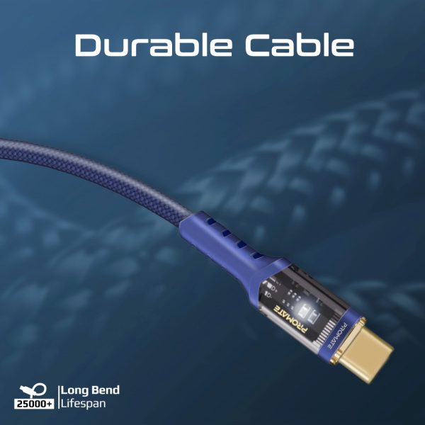 ⁦بروميت LucidLine-CC200 كابل USB-C بطول 2 متر، شحن سريع بقوة 100 واط، رؤوس شفافة مع ضوء LED، رأس مطلي بالذهب، ومتين لتحمل أكثر من 25000 انحناءة⁩ - الصورة ⁦7⁩