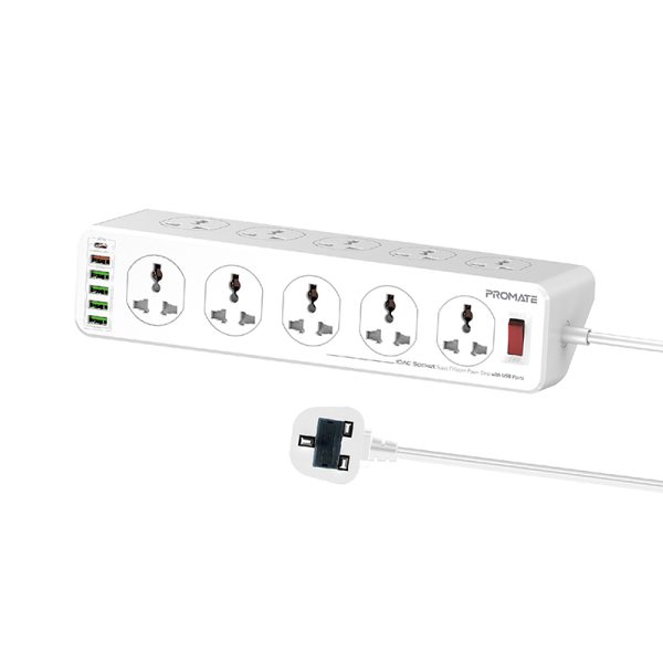 بروميت PowerMatrix-5M موزع طاقة 16 في 1 بـ10 مقابس AC، 4 منافذ USB ذكية، أغطية أمان منزلقة، وكابل بطول 5 أمتار لحماية شاملة وتوزيع طاقة آمن