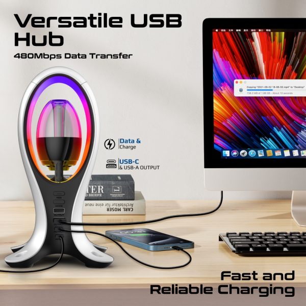 ⁦بروميت Alpha-X مكبر صوت بلوتوث عالي الدقة مع إضاءة RGB، شحن سريع بمنفذي USB-A وUSB-C، وحامل مدمج للسماعات⁩ - الصورة ⁦8⁩