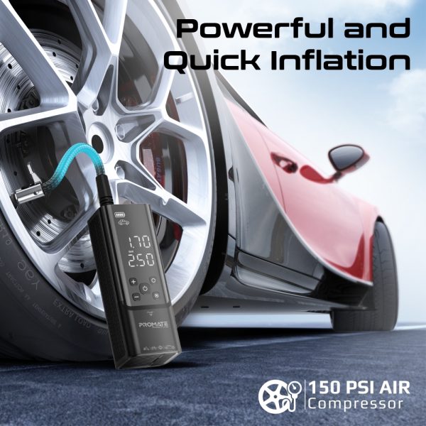⁦بروميت PowerPump ضاغط هواء محمول ببطارية 7500mAh، ضغط حتى 150 PSI، ضوء LED، SOS، ومنفذ USB-A مع نظام مراقبة ضغط الإطارات⁩ - الصورة ⁦4⁩