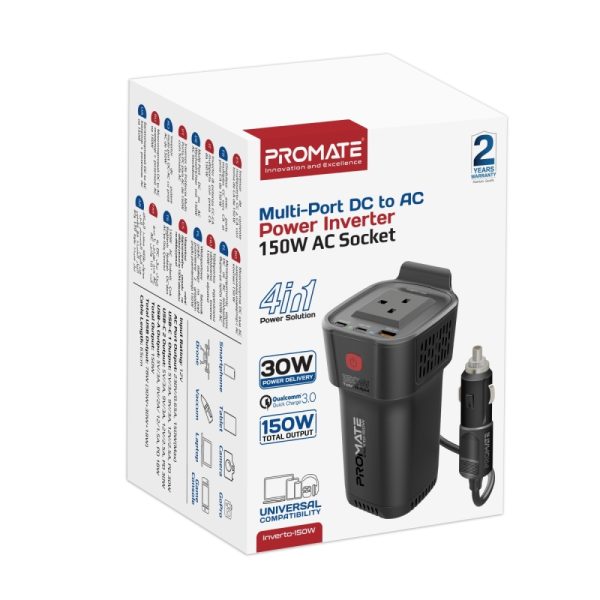 ⁦بروميت Inverto-150W محول طاقة سيارة 4 في 1 بقدرة 150 واط، بمنفذي USB-C (30 واط)، USB-A (18 واط)، مؤشرات LED، زر تشغيل/إيقاف، وحماية شاملة للشحن⁩ - الصورة ⁦2⁩