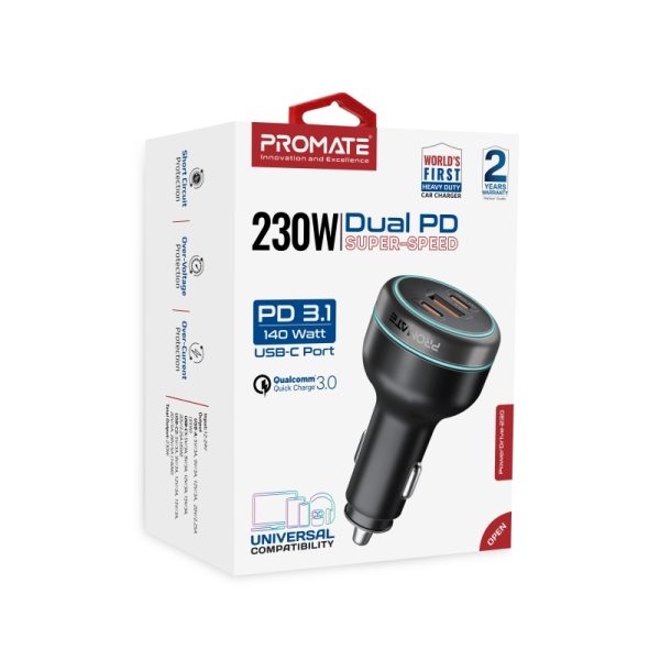 ⁦بروميت PowerDrive-230 شاحن سيارة فائق السرعة 230 واط، بمنفذ USB-C 140 واط، منافذ C وUSB-A بقدرة 45 واط، مع حماية من الحرارة والشحن الزائد⁩ - الصورة ⁦7⁩