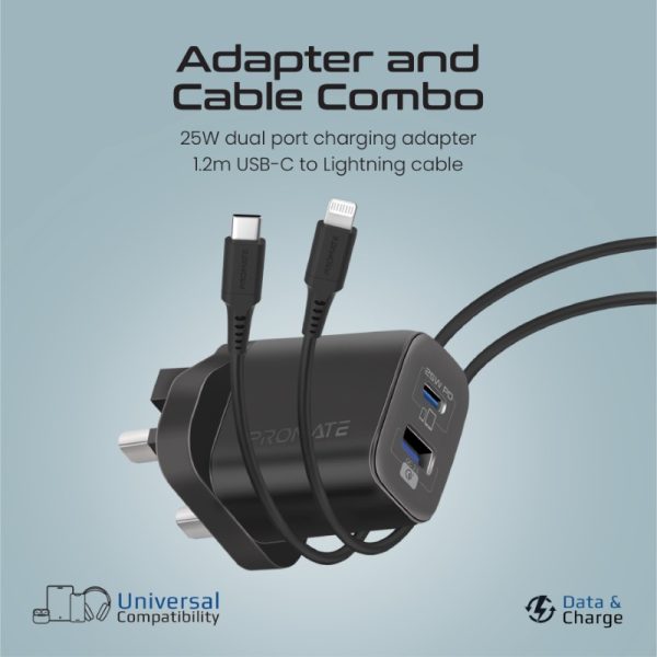⁦بروميت ChargeKit-25PDi مجموعة شحن سريعة تضم شاحن 25 واط وكابل USB-C إلى لايتنينغ 27 واط، تدعم QC 3.0 ومزامنة البيانات⁩ - الصورة ⁦3⁩