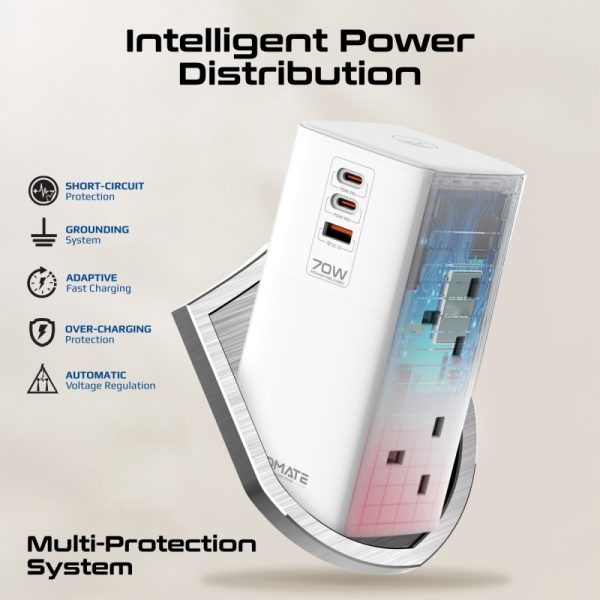 ⁦بروميت PowerTower-70W محطة شحن 70 واط بمنفذي USB-C PD، منفذ QC 3.0 بقوة 30 واط، و4 منافذ AC عالمية بقدرة 2500 واط لشحن فعال ومتعدد الأجهزة⁩ - الصورة ⁦9⁩