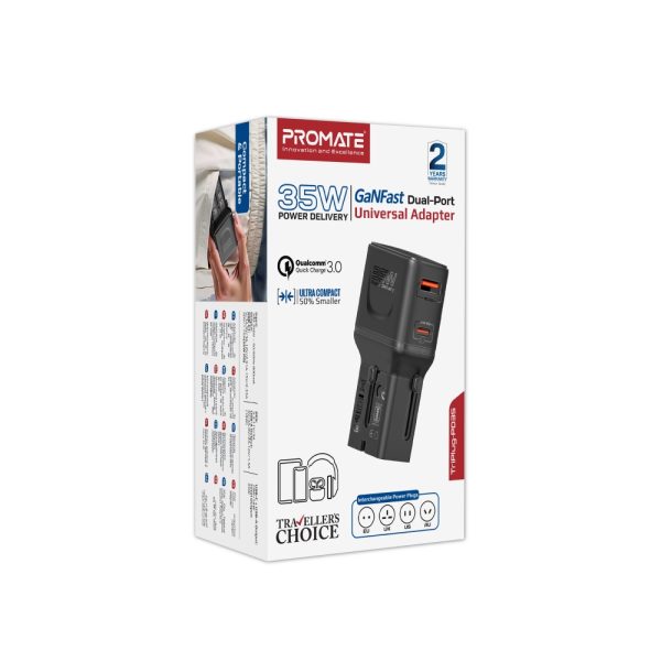 ⁦بروميت TriPlug-PD35 محول سفر عالمي متعدد المنافذ (US/UK/EU/AU)، بمنفذ USB-C 35 واط وQC 18 واط، تصميم مدمج، ومزود بحماية من الجهد والحرارة الزائدة، مثالي للسفر الدولي⁩ - الصورة ⁦7⁩