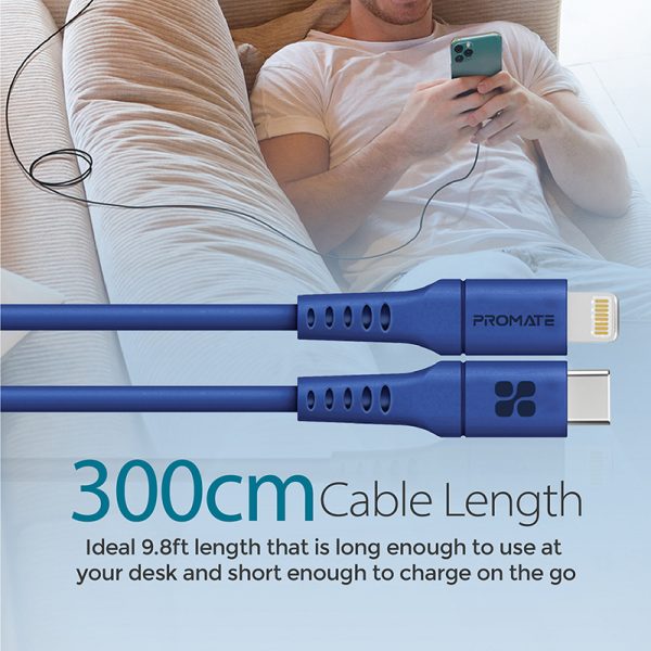 ⁦بروميت PowerLink-300 كابل USB-C إلى لايتنينغ بقوة 20 واط، بطول 3 أمتار، مصنوع من السيليكون ومتين بتحمل أكثر من 25000 انحناءة لشحن سريع وموثوق⁩ - الصورة ⁦8⁩