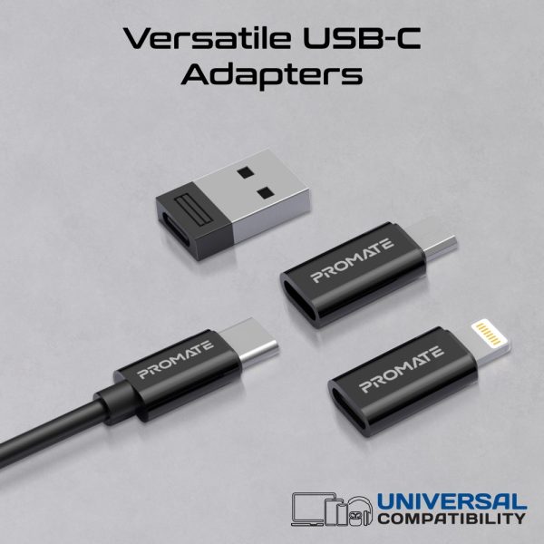 ⁦بروميت PERK مجموعة سفر 7 في 1 بكابل USB-C بقوة 60 واط، محولات إلى Lightning وUSB-A وMicro-USB، فتحات لبطاقات SIM وTF، ودبوس إخراج SIM، بتصميم صغير ومتكامل⁩ - الصورة ⁦3⁩