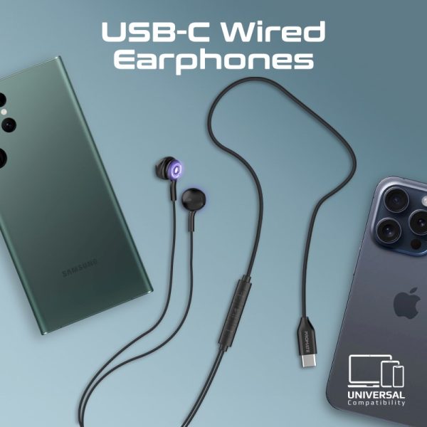 ⁦بروميت LumiBuds-C سماعات أذن USB-C بتقنية HD، تصميم شفاف، إضاءة RGB، وميكروفون مدمج مع تحكم بالصوت⁩ - الصورة ⁦3⁩