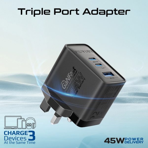 ⁦بروميت PowerPort-45 محول بمنفذي USB-C بقوة 45 واط ومنفذ USB QC بقوة 22.5 واط⁩ - الصورة ⁦2⁩