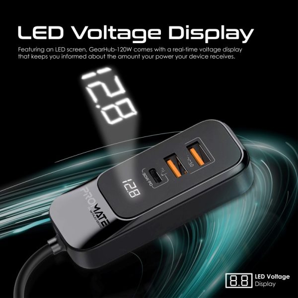 ⁦بروميت GearHub-120W شاحن سيارة 120 واط بمنافذ USB-C وQC 3.0 مزدوجة (30 واط)، شاشة LED، وكابل بطول 1.5 متر لشحن سريع وفعال⁩ - الصورة ⁦3⁩