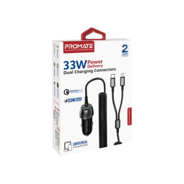 ⁦بروميت PowerDrive-33PDCI شاحن سيارة 33 واط بمنفذ USB-C، كابل لايتنينغ مدمج، ومنفذ USB بتقنية QC 3.0 لشحن متعدد وسهل في السيارة⁩ - الصورة ⁦5⁩
