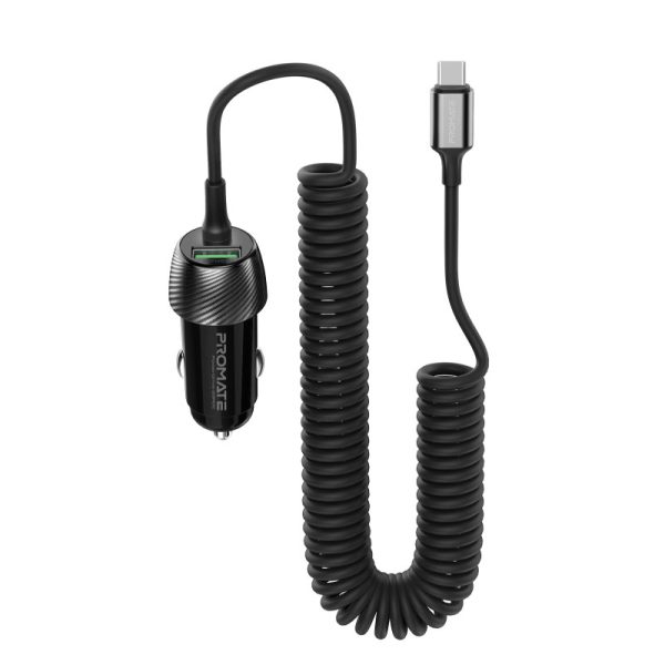 بروميت PowerDrive-33PDC شاحن سيارة 33 واط بمنفذ USB-C PD، كابل USB-C مدمج، ومنفذ USB بتقنية QC 3.0 لشحن سريع وفعال أثناء القيادة