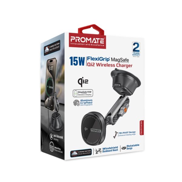 ⁦بروميت FlexDrive-Qi2 شاحن سيارة لاسلكي Qi2 بقوة 15 واط، بتقنية FlexiGrip™، مفاصل مزدوجة لتعديل مرن، ومناسب للزجاج الأمامي أو لوحة القيادة⁩ - الصورة ⁦8⁩