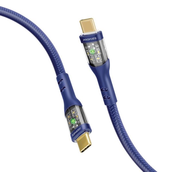 ⁦بروميت TransLine-CC كابل USB-C فائق السرعة بقدرة 60 واط، بطول 1.2 متر، رأس شفاف مطلي بالذهب مع إضاءة LED، ومقاوم للانحناء حتى 25000 مرة⁩ - الصورة ⁦3⁩