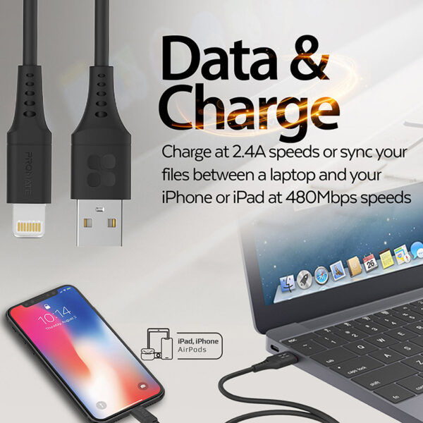 ⁦بروميت PowerLink-Ai200 كيبل شحن USB-A إلى لايتنينغ 200 سم، شحن سريع 2.4A، نقل بيانات 480Mbps، سيليكون مقاوم للتشابك، متين حتى 25000 انحناء⁩ - الصورة ⁦2⁩