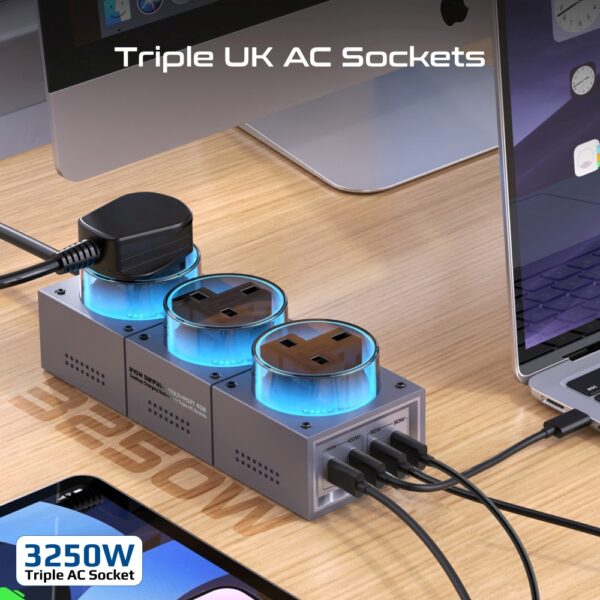 ⁦بروميت PowerBrix-GaN240 محطة شحن 7 في 1 بقدرة 240 واط GaNFast™، 3 منافذ AC، 4 منافذ USB-C حتى 140 واط، كابل 3 متر، إضاءة RGB⁩ - الصورة ⁦5⁩
