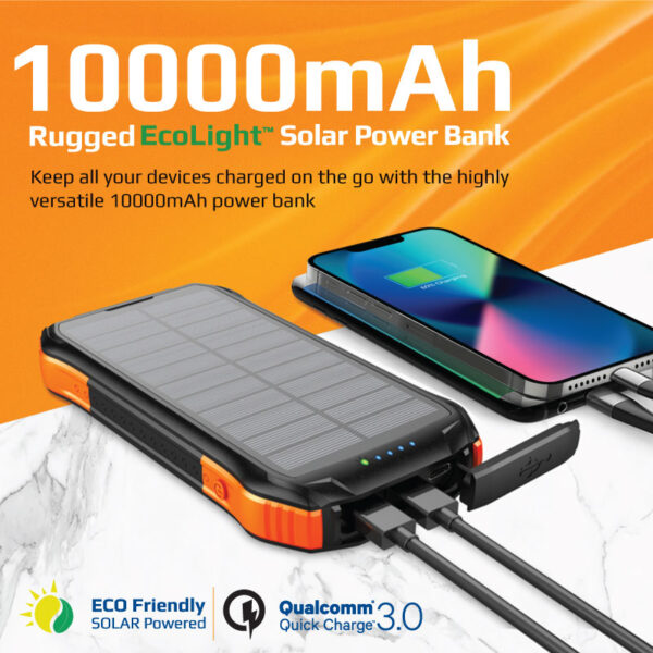 ⁦بروميت SolarTank-10PDQi بطارية شمسية متنقلة 10000mAh، شحن لاسلكي Qi 10 واط، USB-C PD 20W، مقاومة للماء IP65، إضاءة LED 300 لومن⁩ - الصورة ⁦9⁩