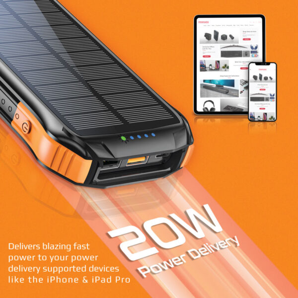 ⁦بروميت SolarTank-10PDQi بطارية شمسية متنقلة 10000mAh، شحن لاسلكي Qi 10 واط، USB-C PD 20W، مقاومة للماء IP65، إضاءة LED 300 لومن⁩ - الصورة ⁦8⁩