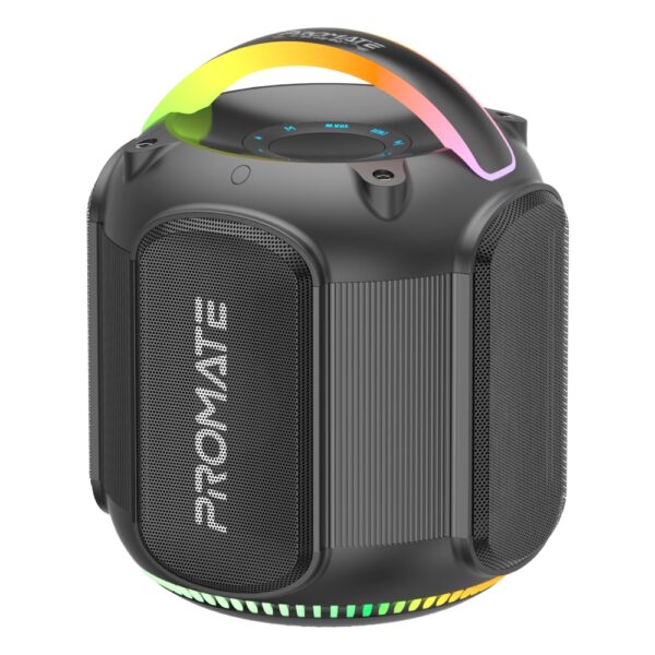 بروميت Strike-80 مكبر صوت 80 واط بتقنية TWS، بطارية 3600mAh حتى 6 ساعات، إضاءة RGB، مقاوم للماء IPX5، مقبض للتنقل واتصال متعدد
