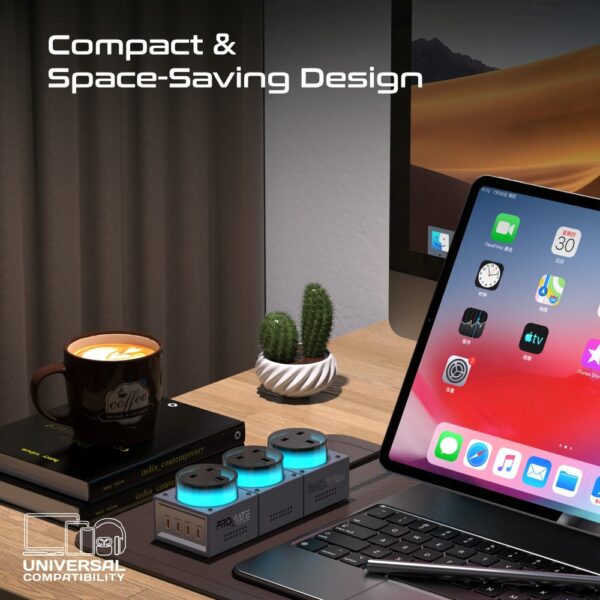 ⁦بروميت PowerBrix-GaN240 محطة شحن 7 في 1 بقدرة 240 واط GaNFast™، 3 منافذ AC، 4 منافذ USB-C حتى 140 واط، كابل 3 متر، إضاءة RGB⁩ - الصورة ⁦7⁩