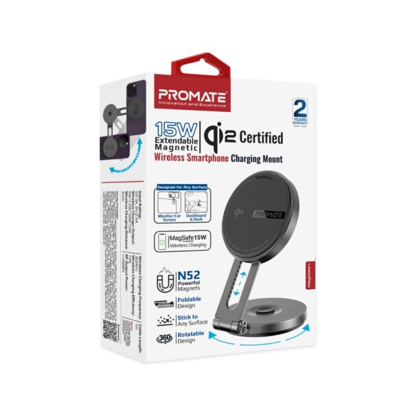 ⁦بروميت MagMate-1 حامل وشاحن سيارة مغناطيسي لاسلكي Qi2 بقدرة 15 واط متوافق مع MagSafe وذراع دوار 360° للتثبيت الذكي⁩ - الصورة ⁦5⁩