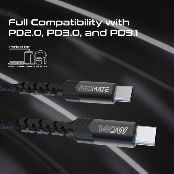 ⁦بروميت PowerLink-3C – كابل USB-C إلى USB-C مزدوج مضفر بقوة شحن 140 واط⁩ - الصورة ⁦8⁩