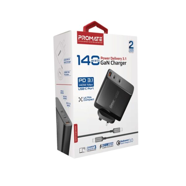 ⁦بروميت GaNCharge-140W شاحن GaN بقدرة 140 واط مع 3 منافذ USB وتقنية PD وQC ومقابس متعددة المناطق⁩ - الصورة ⁦7⁩