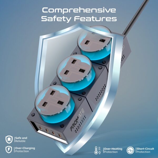 ⁦بروميت PowerBrix-GaN240 محطة شحن 7 في 1 بقدرة 240 واط GaNFast™، 3 منافذ AC، 4 منافذ USB-C حتى 140 واط، كابل 3 متر، إضاءة RGB⁩ - الصورة ⁦2⁩