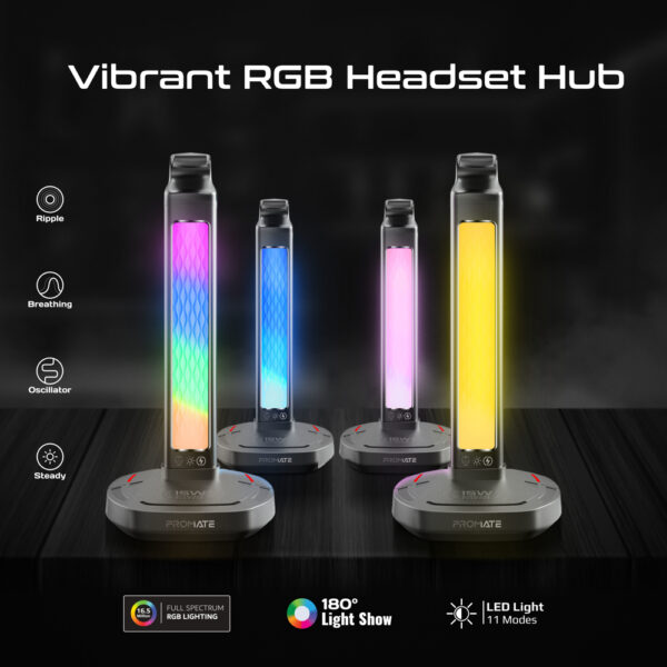⁦بروميت FortX حامل سماعة رأس RGB متعدد الوظائف مع شاحن لاسلكي 15 واط ومنافذ USB لنقل البيانات وتنظيم المكتب⁩ - الصورة ⁦2⁩