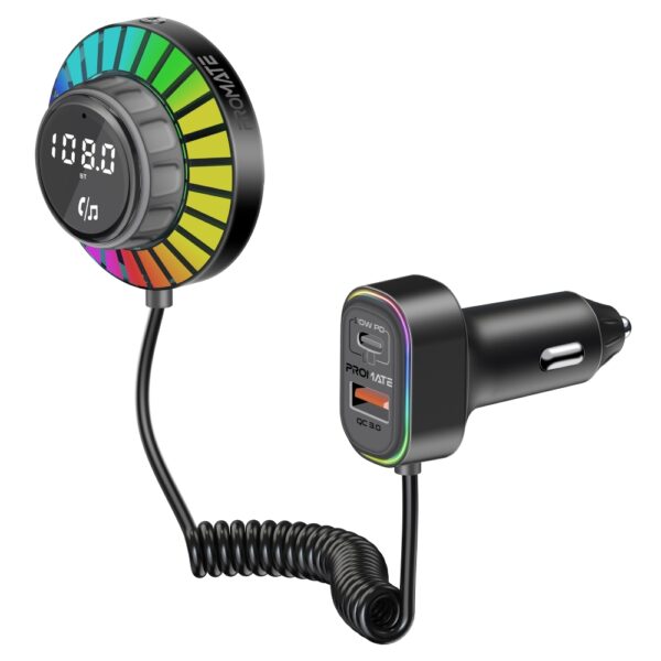 بروميت SmarTune-EXT محول FM بلوتوث للسيارة مع شحن سريع PD 30W وQC 18W، تحكم مدمج 1.5م، إضاءة RGB، ميكروفون مدمج، تركيب على فتحات التكييف