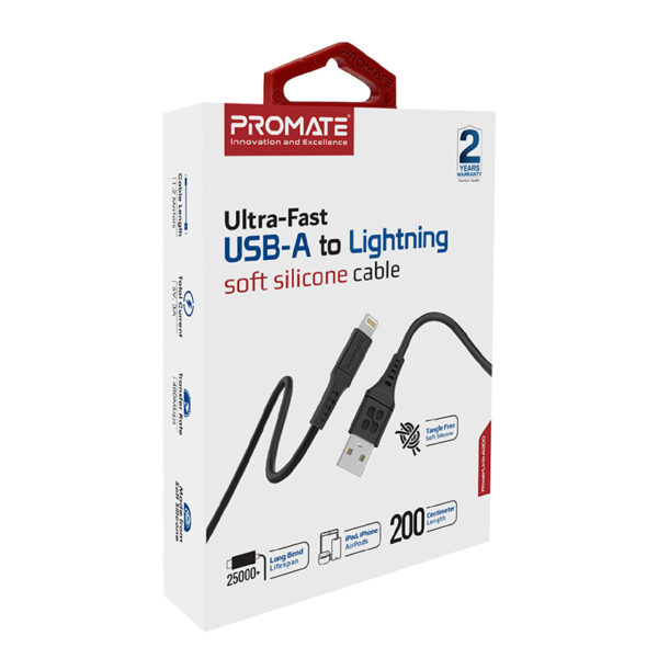 ⁦بروميت PowerLink-Ai200 كيبل شحن USB-A إلى لايتنينغ 200 سم، شحن سريع 2.4A، نقل بيانات 480Mbps، سيليكون مقاوم للتشابك، متين حتى 25000 انحناء⁩ - الصورة ⁦14⁩