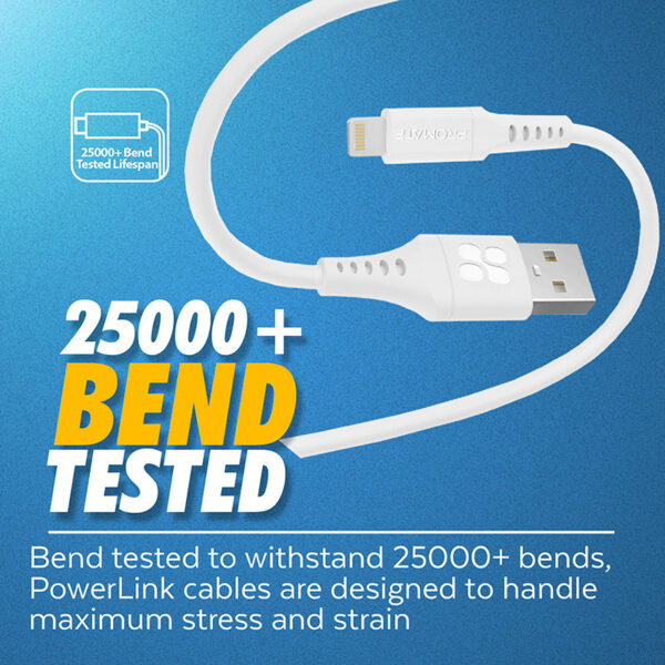 ⁦بروميت PowerLink-Ai200 كيبل شحن USB-A إلى لايتنينغ 200 سم، شحن سريع 2.4A، نقل بيانات 480Mbps، سيليكون مقاوم للتشابك، متين حتى 25000 انحناء⁩ - الصورة ⁦13⁩