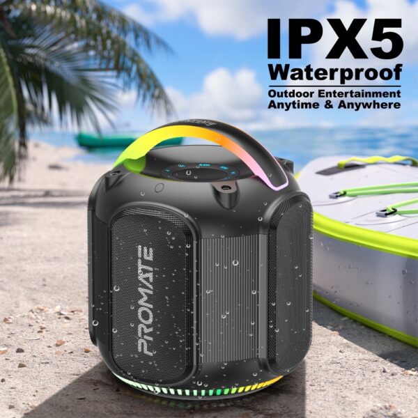⁦بروميت Strike-80 مكبر صوت 80 واط بتقنية TWS، بطارية 3600mAh حتى 6 ساعات، إضاءة RGB، مقاوم للماء IPX5، مقبض للتنقل واتصال متعدد⁩ - الصورة ⁦10⁩