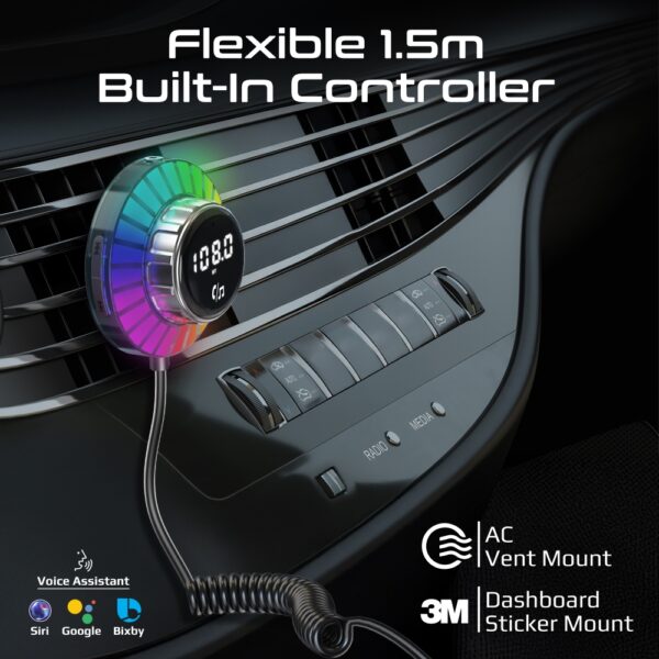 ⁦بروميت SmarTune-EXT محول FM بلوتوث للسيارة مع شحن سريع PD 30W وQC 18W، تحكم مدمج 1.5م، إضاءة RGB، ميكروفون مدمج، تركيب على فتحات التكييف⁩ - الصورة ⁦2⁩
