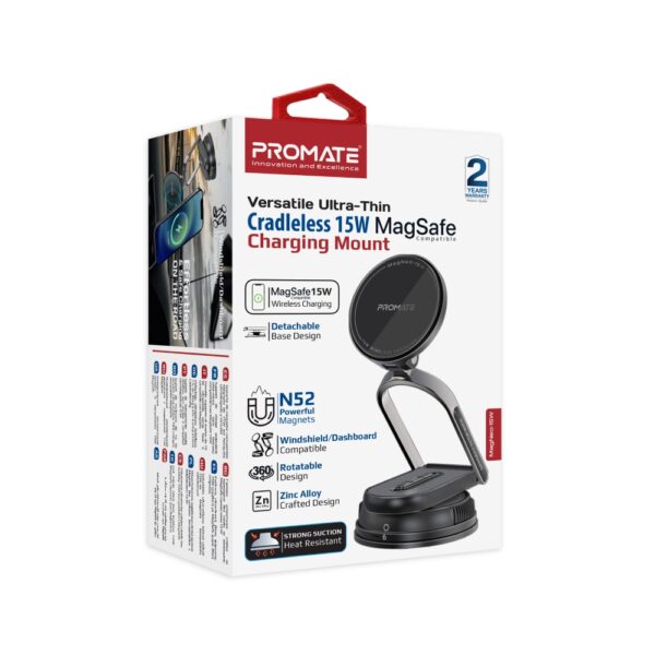 ⁦بروميت MagNeo-15W شاحن سيارة مغناطيسي لاسلكي 15 واط، حامل للهاتف مع قاعدة 360°، ذراع قابل للتعديل، تركيب على الزجاج أو الطبلون⁩ - الصورة ⁦9⁩