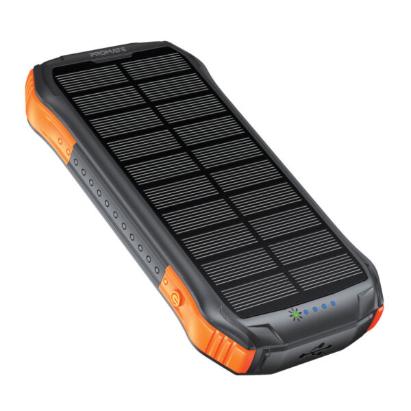 بروميت SolarTank-10PDQi بطارية شمسية متنقلة 10000mAh، شحن لاسلكي Qi 10 واط، USB-C PD 20W، مقاومة للماء IP65، إضاءة LED 300 لومن