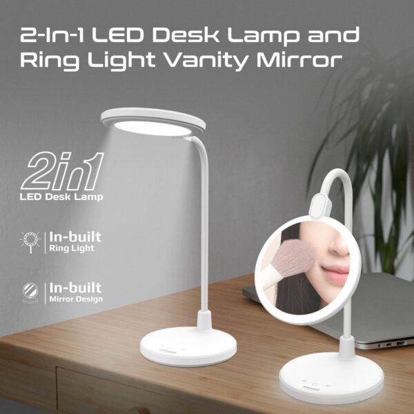 ⁦بروميت Luxo مصباح مكتبي LED بمرآة تزيين، 3 درجات إضاءة، تحكم باللمس، ذراع مرن، بطارية طويلة الأمد، تصميم عصري⁩ - الصورة ⁦7⁩