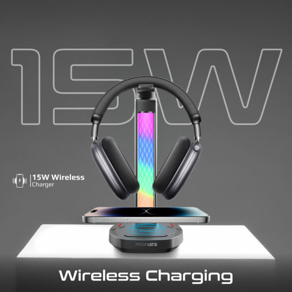 ⁦بروميت FortX حامل سماعة رأس RGB متعدد الوظائف مع شاحن لاسلكي 15 واط ومنافذ USB لنقل البيانات وتنظيم المكتب⁩ - الصورة ⁦7⁩