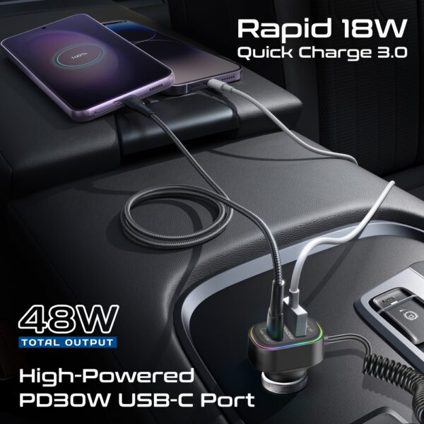 ⁦بروميت SmarTune-EXT محول FM بلوتوث للسيارة مع شحن سريع PD 30W وQC 18W، تحكم مدمج 1.5م، إضاءة RGB، ميكروفون مدمج، تركيب على فتحات التكييف⁩ - الصورة ⁦7⁩