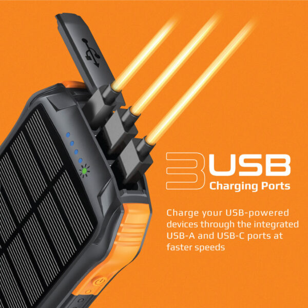 ⁦بروميت SolarTank-10PDQi بطارية شمسية متنقلة 10000mAh، شحن لاسلكي Qi 10 واط، USB-C PD 20W، مقاومة للماء IP65، إضاءة LED 300 لومن⁩ - الصورة ⁦2⁩