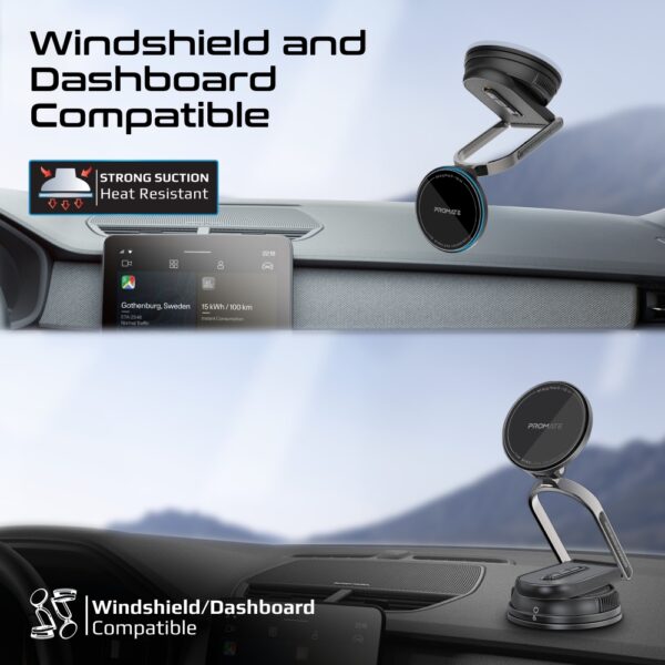 ⁦بروميت MagNeo-15W شاحن سيارة مغناطيسي لاسلكي 15 واط، حامل للهاتف مع قاعدة 360°، ذراع قابل للتعديل، تركيب على الزجاج أو الطبلون⁩ - الصورة ⁦10⁩